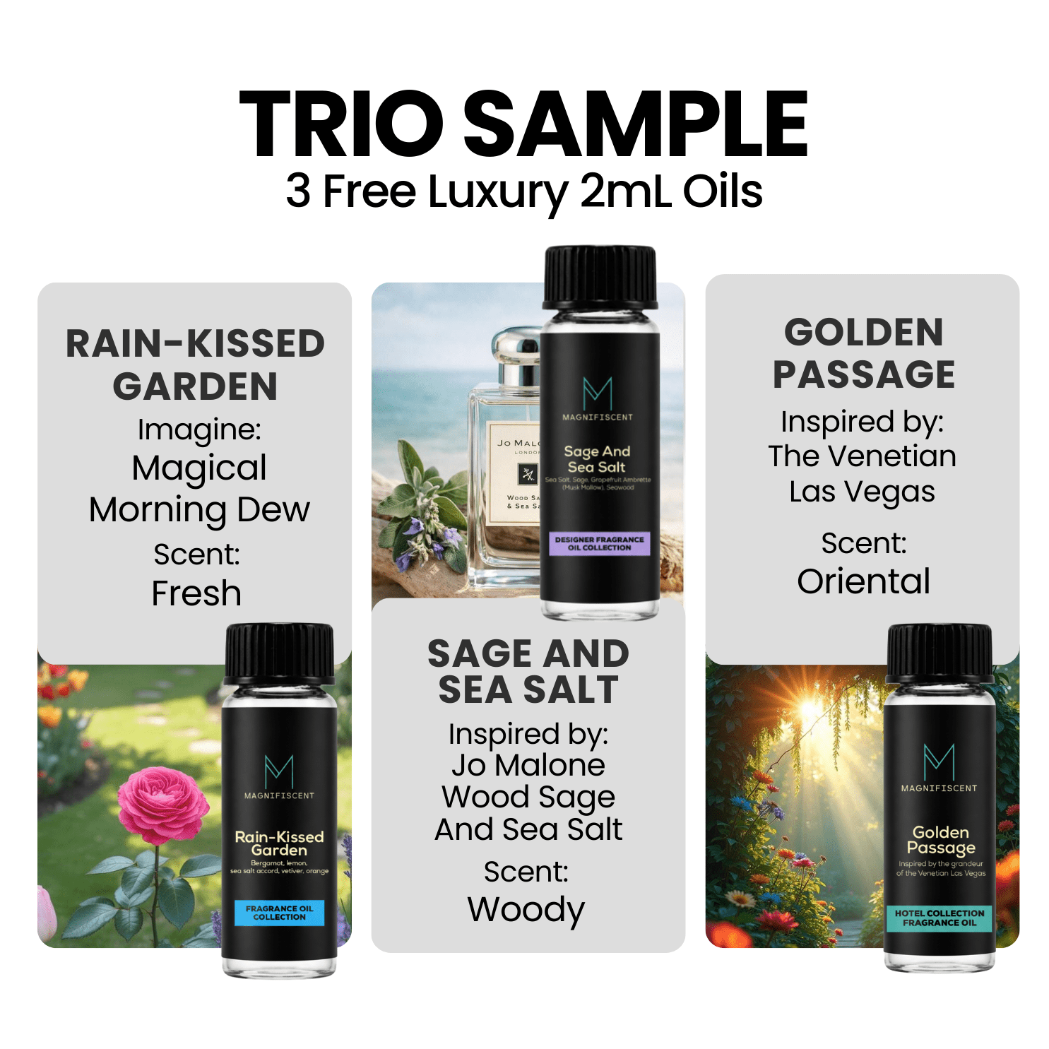 Trio Sample - Rain - Kissed Garden / Sage And Sea Salt / Golden Passage - Magnifiscent