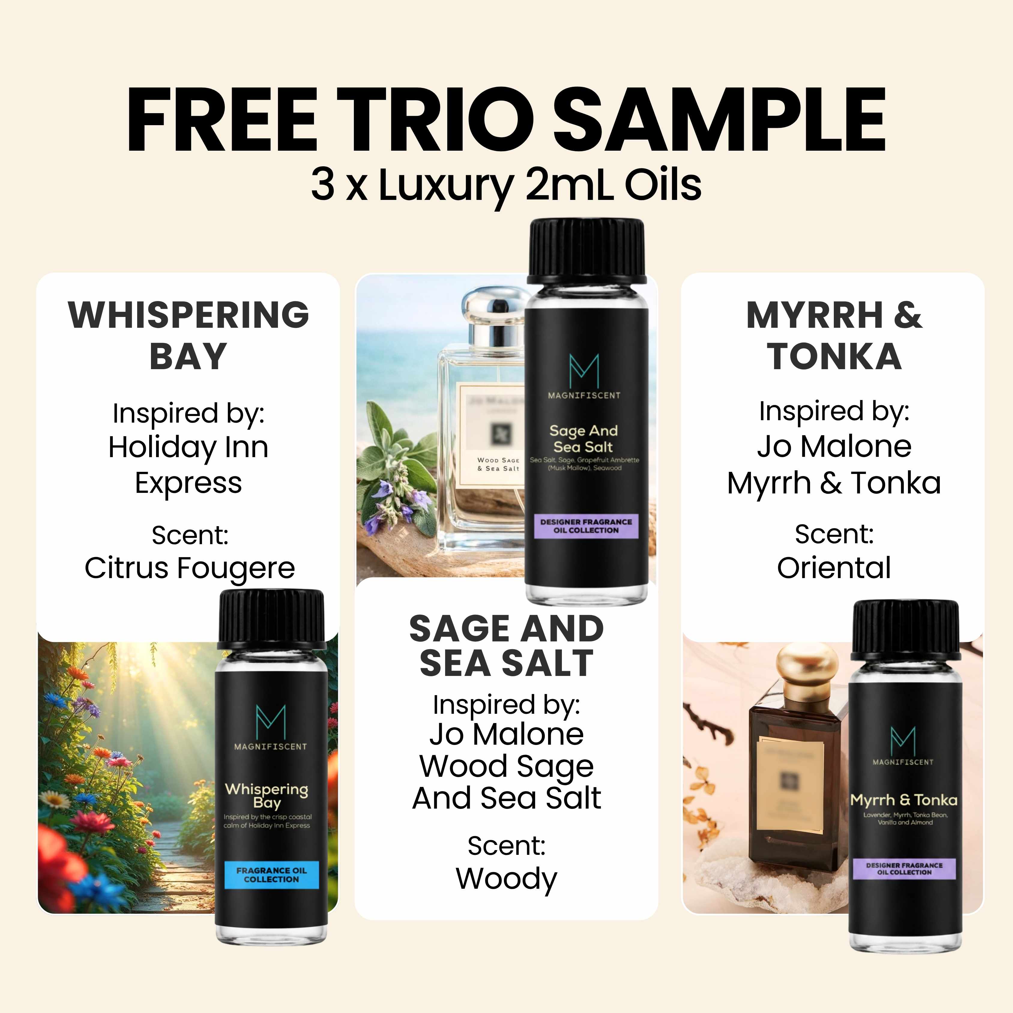 Trio Sample - Whispering Bay / Sage And Sea Salt / Myrrh and Tonka