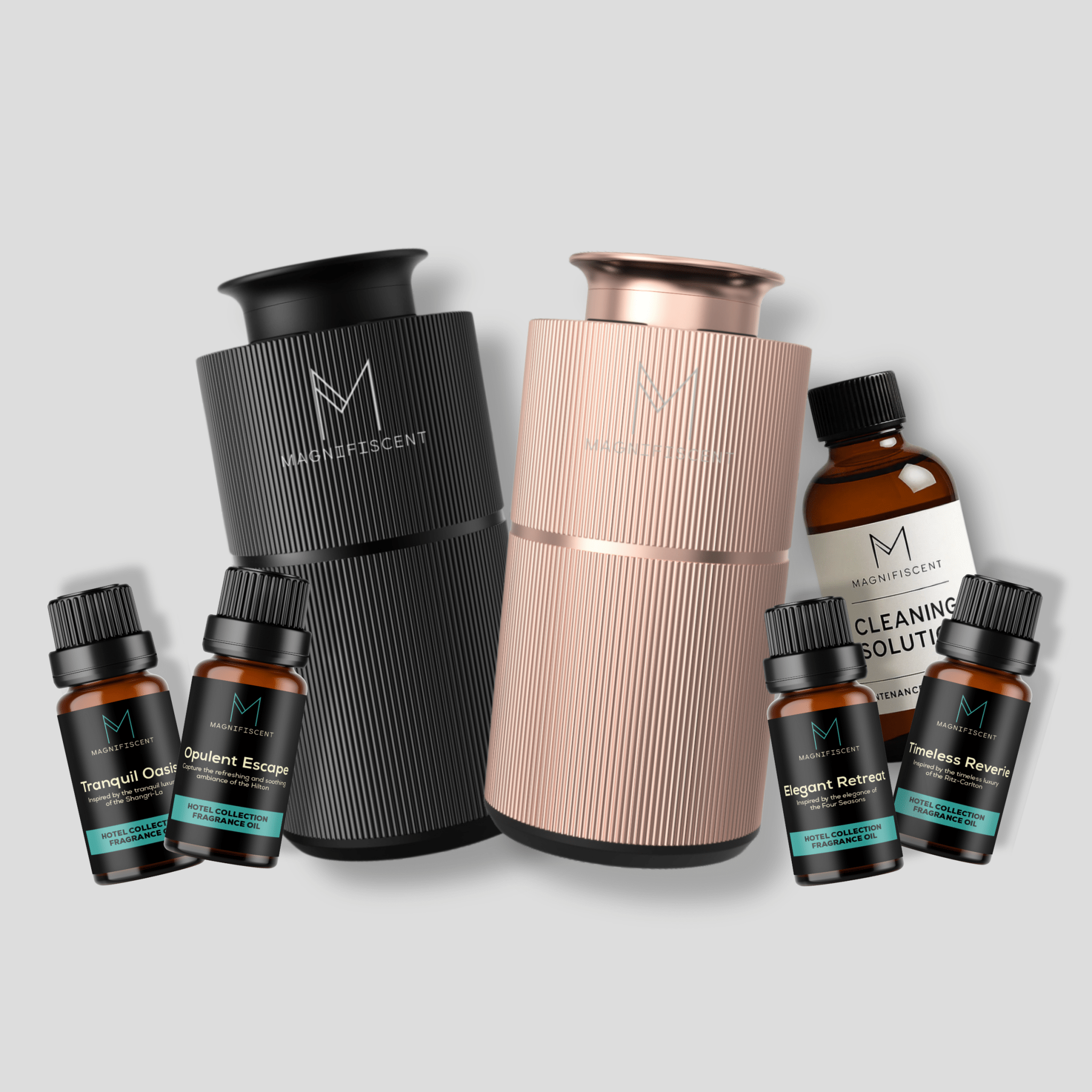 MistMini DOUBLE Hotel Set - 2 x Diffusers, 4 x Hotel Oils, 1 x Cleaning Solution - Magnifiscent
