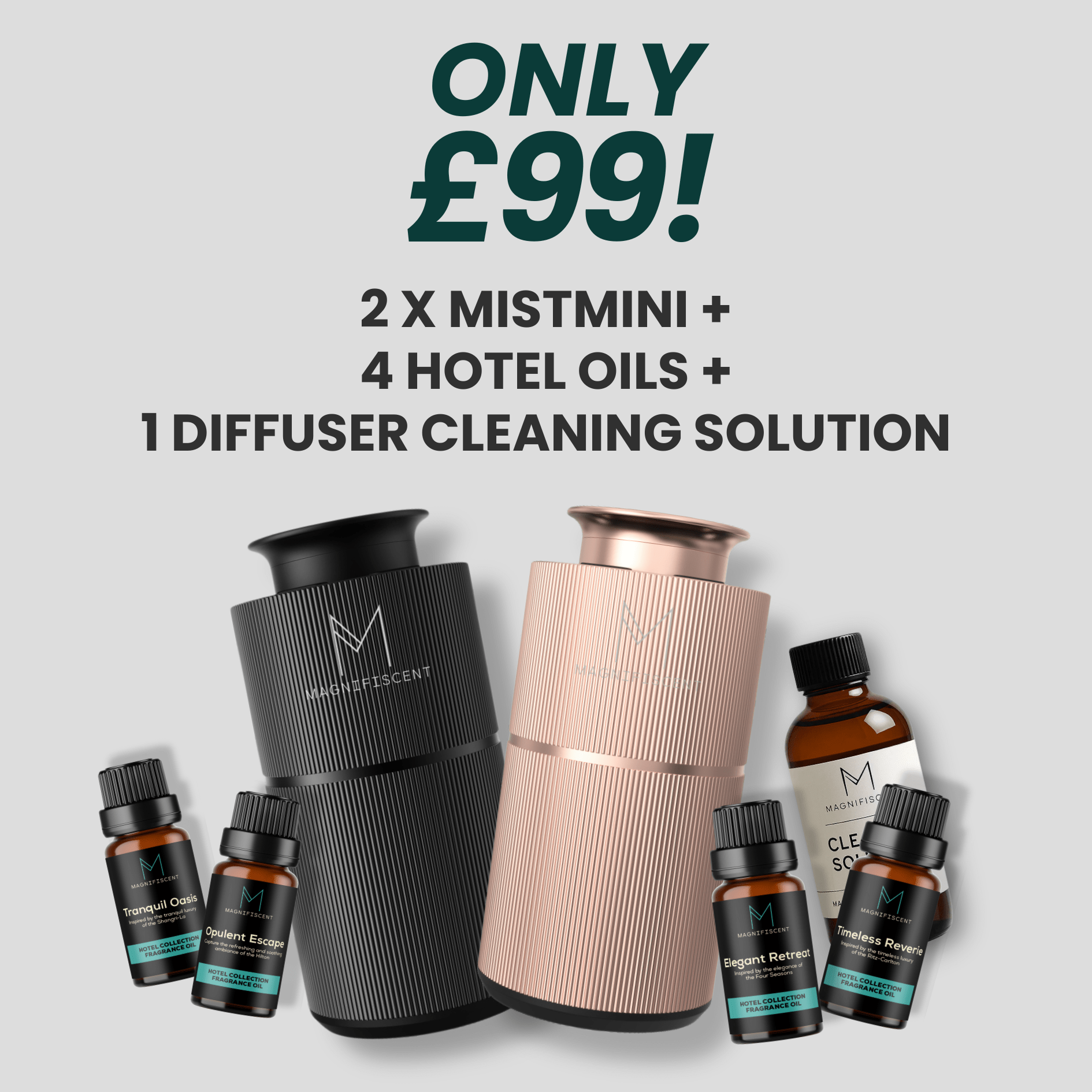 Only 50 available - MistMini DOUBLE Hotel Set - 2 x Diffusers, 4 x Hotel Oils, 1 x Cleaning Solution - Magnifiscent